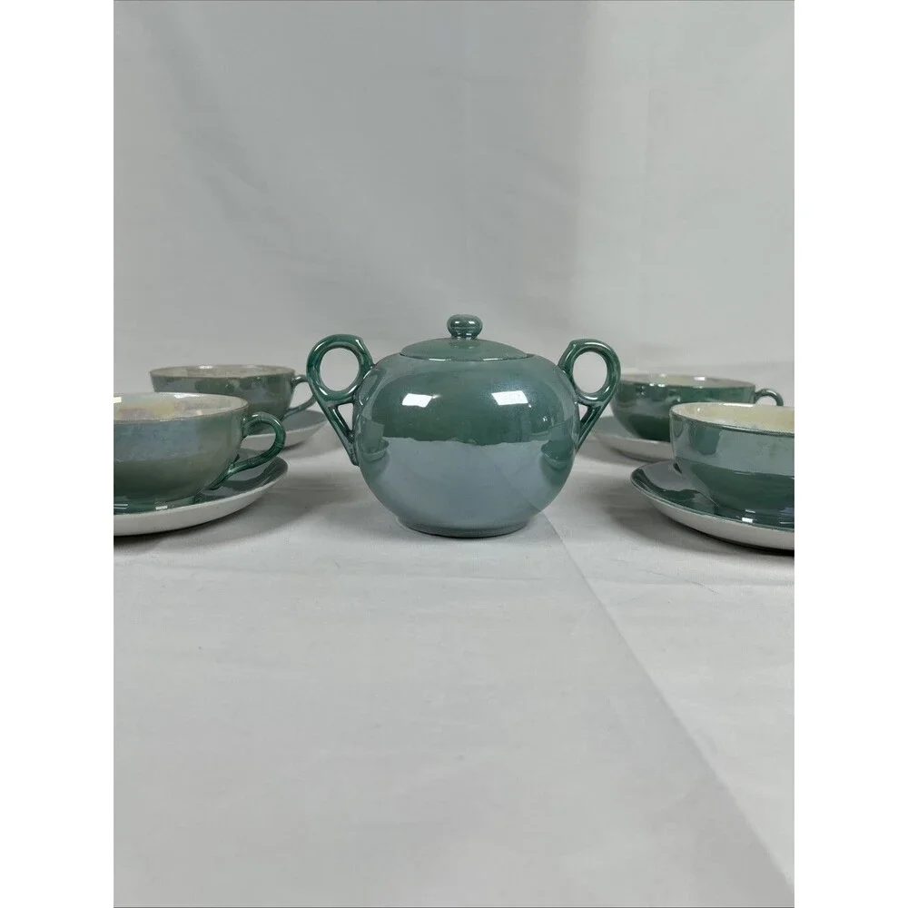Vtg Lot Hand painted Japan Green Opal Lusterware Cups Saucers Sugar Bowl W/ Lid